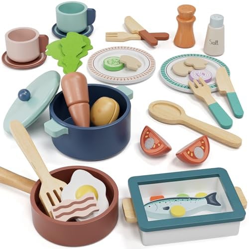 Lehoo Castle Accesorios Cocina Juguetes, Comida Madera Juguete, Comida Juguete Cocinita Ollas y Sartenes, Cocinita de Madera Infantil, Juguetes Montessori 2 3 4 Año