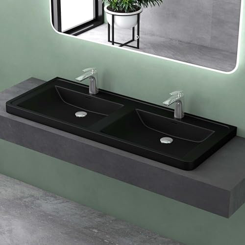 Mai & Mai Lavabo Empotrado Baño Lavabo Doble | Rectangular | Negro Mate | Mármol Fundido | 120x48x15cm | con 2 Orificios para Grifo con Rebosadero | Colossum08