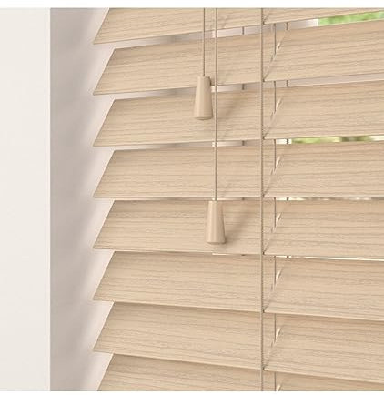 Natural Oak 50mm Faux Wood Venetian Blinds Fine Grained With Strings 120cm Drop 140cm Wide