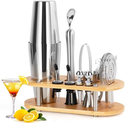FoiiLiio 12 Piezas Juego de Coctelera, 750 ml, Coctelera Boston Profesional para Cócteles, Coctelera Kit de Cócteles Edelstahl con Soporte de Bambú para Bar, Casa, Elección, Set Coctelería