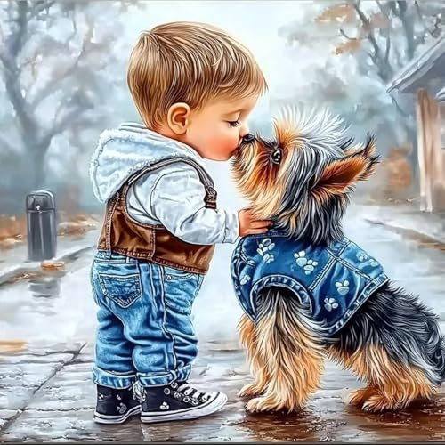 CEOVR Peinture Diamant Adulte Mignon 5D Diamond Painting Kit Complet, 30x30 cm Garçon et Chien Painting Diamant Kit Adulte