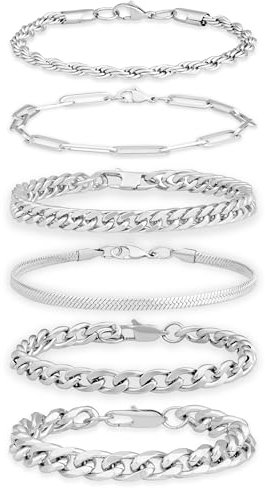 AWARDSEN Mens Bracelets Silver Bracelets for Men 6 Pcs Stainless Steel Bracelet Cuban Chain Stackable for Men Mens Jewellery Gifts