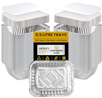 Superior Paquete de 50 recipientes de papel de aluminio con tapas, bandejas de 0,5 l para preparar comidas, bandejas de papel de aluminio para hornear, asar, recipientes para llevar y almacenamiento