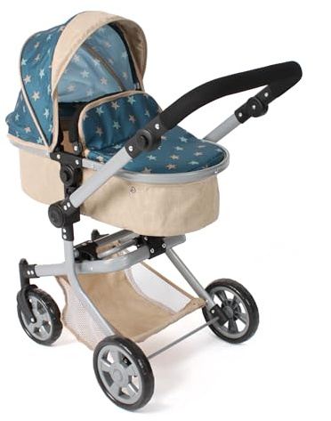 Bayer Chic 2000® 2in1 Puppenwagen Mika – Sternchen beige-türkis – faltbar – höhenverstellbarer Griff 47-80 cm – modernes Gestell – Puppen bis 52 cm – 4-8 J, Flowers