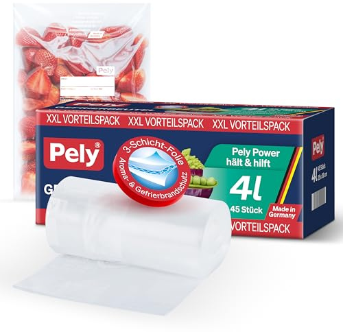 Pely Power Gefrierbeutel, 4 L 45 Beutel, 25x38 cm,XXL Vorteilspack (4 Liter),gegen Gefrierbrand, Rundumschutz für Aroma und Geschmack