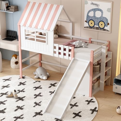 TOBIDOEN Kinderbett 90x200 cm, Hochbett Dachboden-Design mit Sicherheitsleiter und Rutsche, Multifunktionales Bett mit Mehrstufigen Staufächern, Massivholz Einzelbett Hausbett (Rosa)