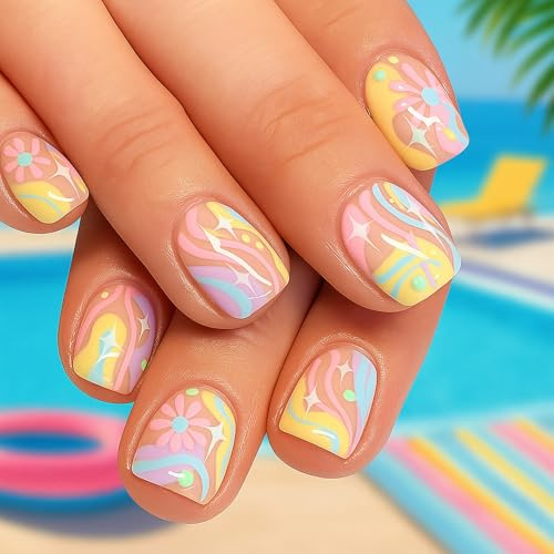 24Pcs Short Square Press on Nails with Vibrant Pastel Retro Designs & 3D Flower Patterns - Easy Stick on False Fake Nails for Women, Full Cover French Tip Kit with Acrylic Extensions for Summer