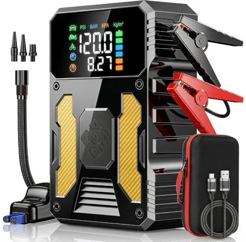 Autobatterie Notfall Powerbank 3000A mit 150 PSI Kompressor – Tragbarer Starthilfe Booster für PKW, SUV, Diesel bis 8L – Mit 3 LED Modi, PD & 8-Fach Schutz – Ideal für Camping, Reise, Sommer