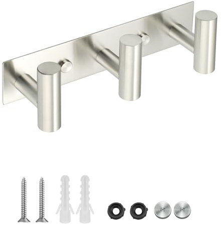 Mooche Garderobenleiste mit 3 Haken 20CM Kleiderhaken Edelstahl Gebürstet | 304 Edelstahl Wandgarderoben für Schlafzimmer und Badezimmer,2 Befestigungsmöglichkeiten-Kleben oder Gebohrt Garderobenhaken