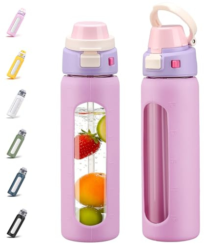 BLUEGO 2-in-1 Borosilicate Glass Water Bottle with Straw for Sports and Travel, 700ml Drinking Bottle with Silicone Sleeve, Leak Proof, BPA Free, Pink