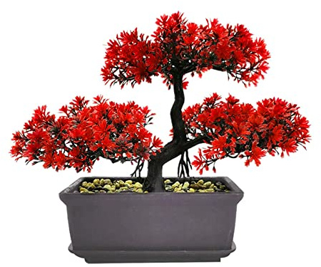 Artificial Bonsai Tree Fake Plants, Potted Faux Living Room Table Indoor Decor Japanese Simulation Pine Greeting Guests Potted for Home Decoration,Office/Windowsill/Yard(COLOR:Red)