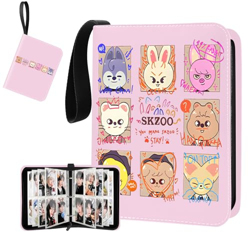 Stray Kids Fotokarten 400 Taschen, Kpop-Sammelalbum mit 4 Fächern, insgesamt 50 Seiten, Süßer Cartoon-Fotokartenordner, Idol-Cartoon-Fotoschutzalbum, Geschenke für Jungen und Mädchen (Rosa)