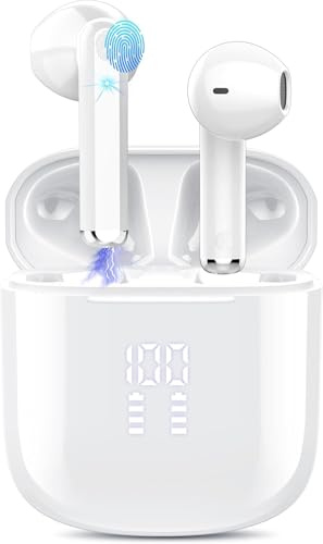 OYIB Wireless Earbuds, 2026 New Bluetooth 5.3 Headphones with HiFi Stereo and ENC Noise Cancelling Mic, 25H Bluetooth Earphones with LED Display and IP7 Waterproof for Workout/Running/Fitness, White