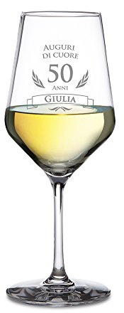 AMAVEL Calice da Vino Bianco con Incisione per il Compleanno, Auguri di Cuore 50 Anni, Personalizzato con Nome, Regali Originali per Lui e Lei, Bicchiere in Vetro Chiaro