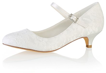 Emily Bridal 011-25 Women's Wedding Shoes Closed Toe 1.57 Inches Kitten Heel Lace Satin Pumps with Buckle Bridal Shoes