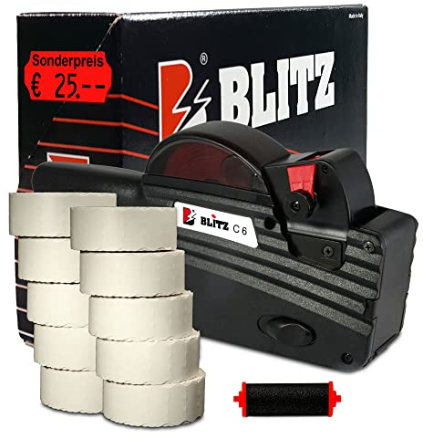 Preisauszeichner Set Blitz C6 inkl. 10 Rollen 26x12 Preisetiketten - leucht-rot permanent Aufdruck: Sonderpreis + 1 Farbrolle | HUTNER
