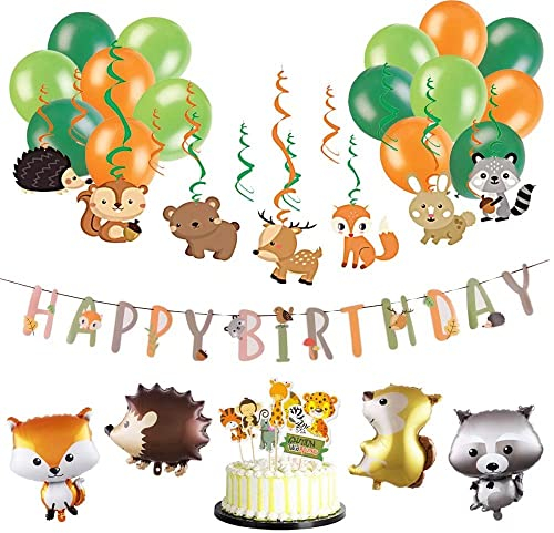 SUNBEAUTY 60 Stück Forest Animals Birthday Party Decoration Jungle Party Decoration Happy Birthday Banner Woodland Balloons Waldtiere Geburtstag Deko
