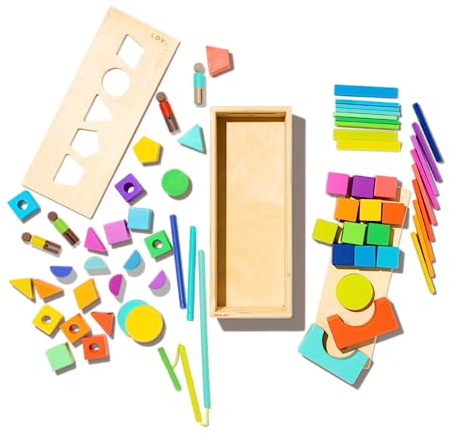 Lovevery | The Block Set | Solid Wood Building Blocks and Shapes + Wooden Storage Box, 70 Pieces, 18 Colors, 20+ Activities, Toddler Block Set and Converts into a Pull Car, Ages 12 to 48+ Months