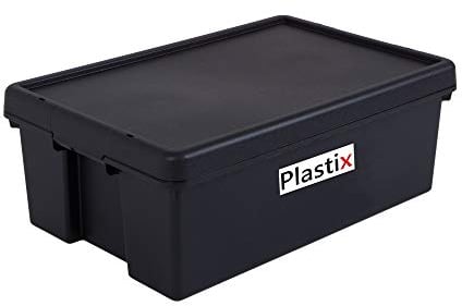 Plastix Heavy Duty Strong Recycled Plastic Storage Box With Lid - 36L 36 Litre - Black