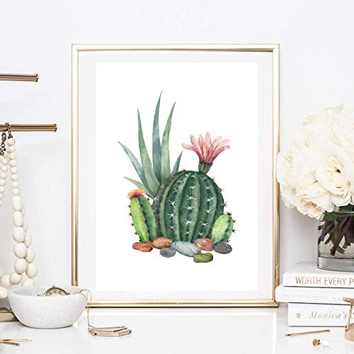 Din A4 Kunstdruck ungerahmt - Kaktus mit Blüten Sukkulenten Agave Aquarell Natur Topfpflanze Druck Poster Bild