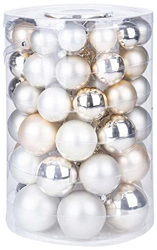 60 Christbaumkugeln Glas 4 5 6 7cm 60 St. Dose Dekokugeln Weihnachtskugeln Baumkugeln Baumschmuck Set Farbe: Cloud Dancer - weiß Elfenbein Champagner
