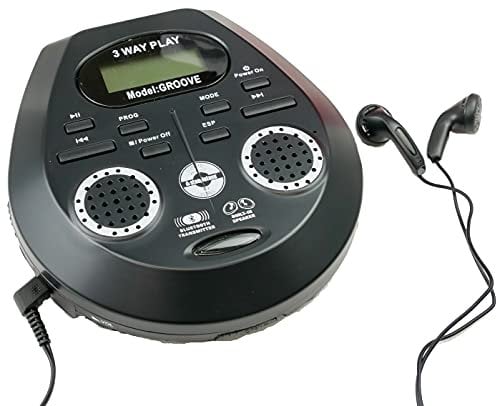 Steepletone Groove CD Discman, Built-In SPEAKERS, Ultra Compact Personal CD Player, Bluetooth Transmitter (stream music to Bluetooth speaker, or headphones), Battery Operated (Black CD Discman)