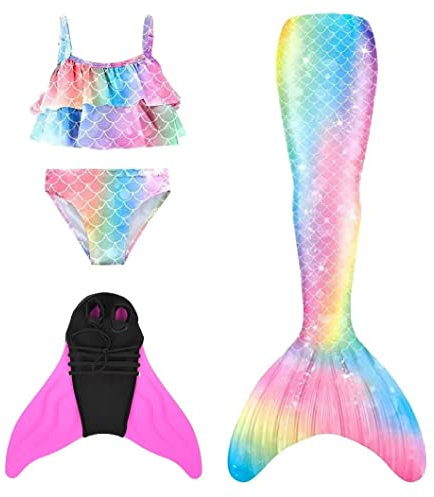 SPEEDEVE Mädchen Meerjungfrauenschwanz Zum Schwimmen mit Bikini Set und Monoflosse,Fenpu-m1,130