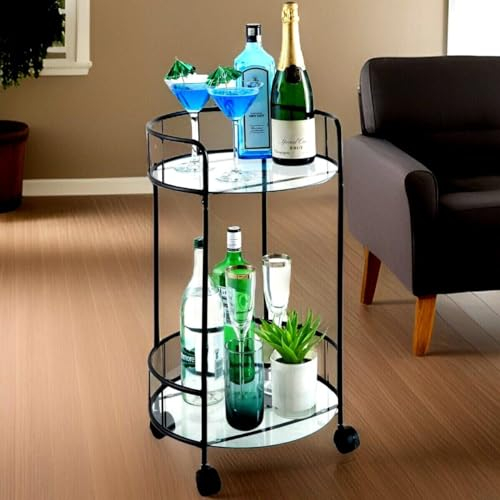 Black Drinks Trolley With Glass Shelves Mini Bar Cocktail Table Drink Table