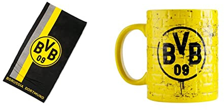 Borussia Dortmund BVB-Handtuch mit Logo im Streifenmuster (50x100cm) & BVB-Tasse Gelbe Wand, Gelb, 0