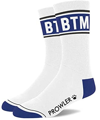 Prowler RED BTM Socks – White & Blue Crew Socks with Bottom Logo | Soft Cotton Blend, One Size UK 6–11