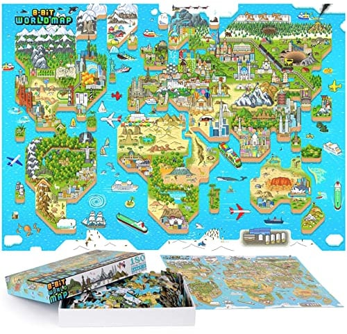 bopster 180 Piece World Map Jigsaw Puzzle Retro Gaming Style 8-bit - 100% Recycled Cardboard Geography Gifts - Jigsaw Puzzles For Kids