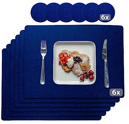 Acaveon Lot de 12 sets de table en feutre de qualité supérieure - Lavables - Bleu foncé - Double face - Pratiques - Résistants à la chaleur - 44 x 32 cm