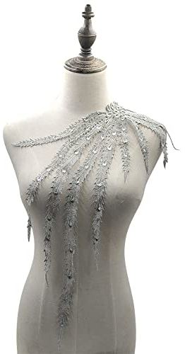 Wambere Bestickte Phönixschwanz Kragen Applikation,Stickerei Patch Phönixschwanz Applique Patches Einsatzkragen für Nähen Handwerk Kostüm Hochzeitskleid Brautkleid Deko,Silber