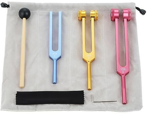 Stimmgabel-Set (128 Hz, 256 Hz, 512 Hz) – Körpergewichtete Stimmgabeln perfekt für Klangheilung, Medizin, Meditation, DNA-Reparatur, Therapie mit Hammer und Aufbewahrungstasche (bunt)
