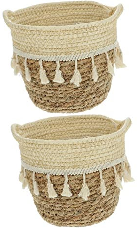 Alipis 2pcs Natural Woven Macrame Storage Basket Green Tassel Pom Poms Versatile Small Sundries Organizer for Home Bathroom Kitchen Indoor Plants Idea