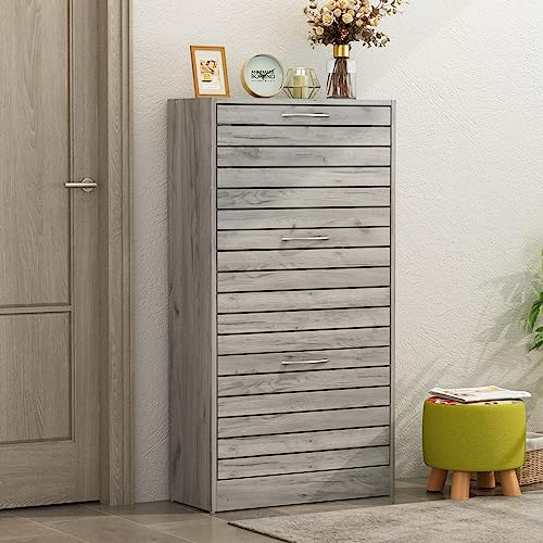 PREMTURE Schuhschrank, Schuhregal, Schuhkommode mit 3 Klappen und 6 Fächer, Schuhkipper für Flur, Schlafzimmer, Wohnzimmer,Holzwerkstoff, grau, 54 B*24 T*107 H cm