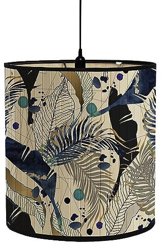 FANSU Abat-Jour en Bambou Classique Tambour Abat-jour, imprimé feuille de palmier Remplacement Abat, Jour Fait à la Main,pour Lampe de Table/Chevet,Suspension,Lampadaire (bleu marine,30x30x30cm)