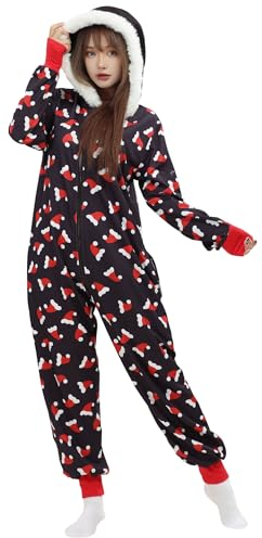 haikyuu Frauen Weihnachten Kostüm Weihnachten Onesie Mit Taschen Santa Claus Cosplay Kapuze Einteiler Pyjama, Schwarz 1, XXL