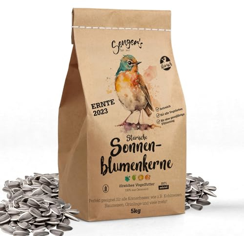 Senger’s Sonnenblumenkerne Vogelfutter 5KG - Ganzjahresfutter für Wildvögel, Singvögel - Vogelfutter - ganzjähriges Wildvogelfutter aus steirischen Sonnenblumenkernen gestreift