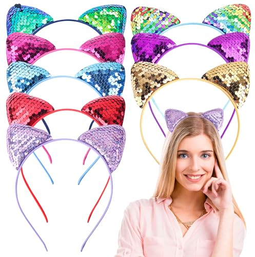 Fahibin 8pcs Serre-tête Chat à Paillettes, bandeau oreilles de chat mignon, Serre-têtes à Oreilles de Chat Pailletées,pour Halloween, Noël, Nouvel An, fête d'anniversaire