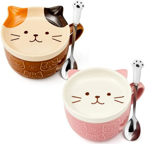 FoldTier 2 Pcs 10 oz Ceramic Cute Cat Mug with Lid Kawaii Cat Tea Cup Funny Novelty Cat Coffee Cup and Dessert Saucer Set Christmas Birthday Gifts for Cat Lovers Friend Family, (Brown and Pink)