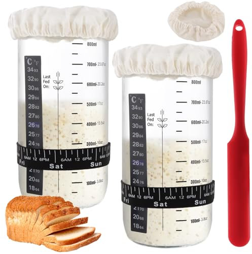 MEIDIV Juego de 2 tarros de masa madre de 28 onzas, kit de inicio de masa madre de 800 ml para fermentación de pan, con tira de termómetro de fecha, raspador de silicona, cubierta de tela