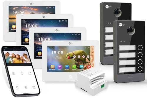 Neolight Videocitofono WiFi Quadrifamiliare 2 Fili Kit per 4 Famiglie 4 x Monitor Touch Screen IPS 7 Pannello Esterno Full HD Citofono WiFi da Esterno Compatibile con Telecamere IP e App