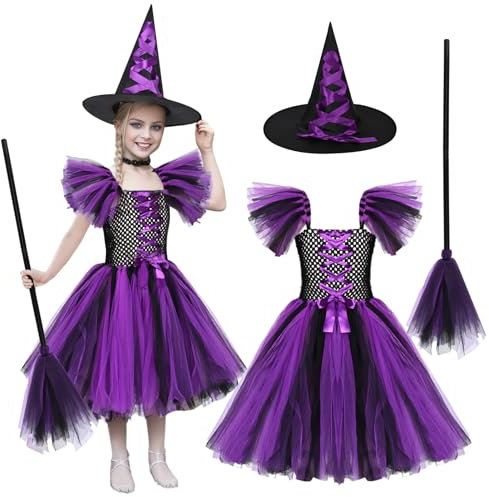 Disfraz de Bruja de Halloween para niña, Disfraz de Bruja morada para niños pequeños, Medias para niña, Falda, Vestidos, Sombrero de Bruja, Escoba, Palo de Escoba (Púrpura, 140 (9-11 años))