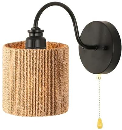 Boho Rattan Klein Wandleuchte mit Schalter Zugschalter Innen Wandlampe Nachttischlampe Wandmontage Lampenschirm Industrial Lampe Wandspot Wandleuchten E27 Flurlampe Badlampe Wandstrahler Nachttisch