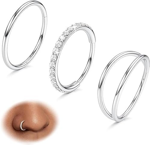 BodyBonita 3 Stück Nasenpiercing – 316L Edelstahl Doppelt Reifen Nasenring 20G CZ Septum Piercing Helix Conch Tragus Daith Ohrring lippenpiercing Schmuck Hypoallergen Frauen Männer Silber 8mm