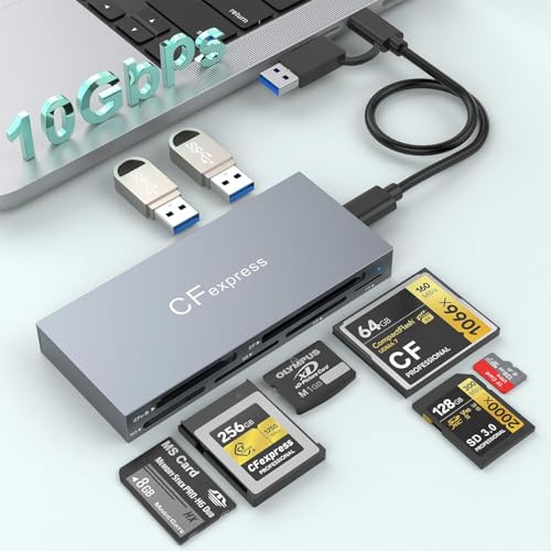 CFexpress Type B Card Reader, 8 in 1 Aluminum CF Express Memory Card Reader Support CF Express Type B/CF/XD/MS/TF/SD/USB, Mulit CFexpress Card Adapter with USB3.2 Gen2 10Gbps for Windows/Mac/Linux