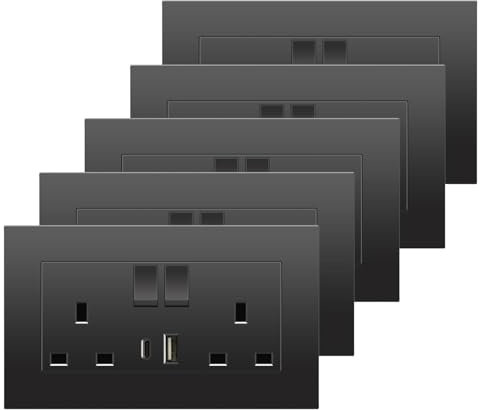 5 Pack Double Switched Power Socket, Double Socket with USB-A and Type-C Charging Ports, Electric Power Socket 13 Amp, UK Standard Wall Socket (Black)