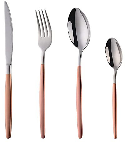 Rosegold and Silver Cutlery Set, 4 Piece Stainless Steel Silverware Set Service for 1, Rosegold Handle Knife Fork Spoon Set, Rosegold Stainless Steel Flatware Set, Durable and Dishwasher Safe