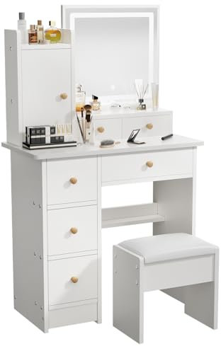 ZenkiHome Schminktisch mit Spiegel und Beleuchtung, 80cm Schminktisch mit Hocker